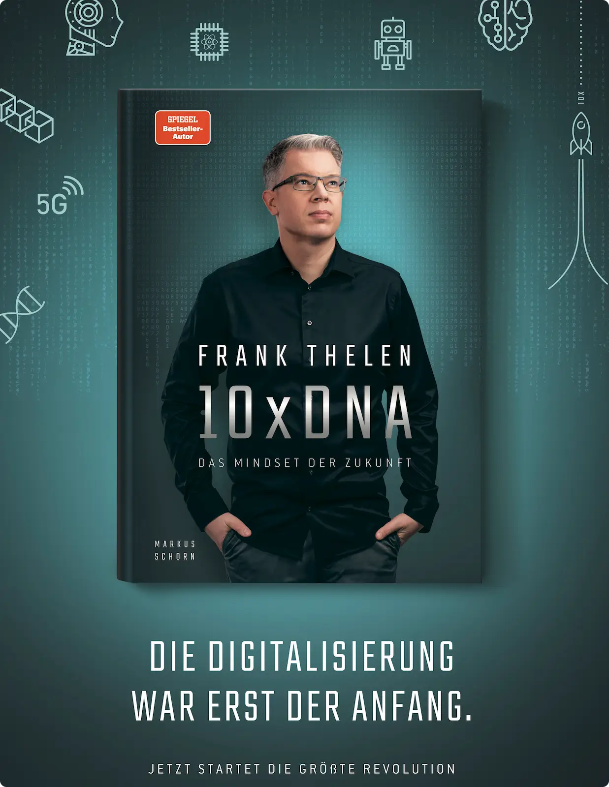 Frank Thelen's book '10xDNA' cover, featuring the author and themes of digital transformation and future mindset.