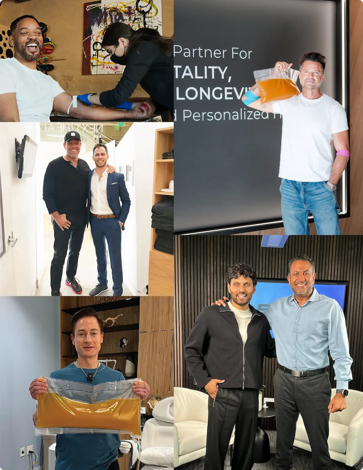 Celebrity clients at Next Health longevity clinic receiving IV therapy, blood draws and wellness treatments in premium medical environment for vitality and personalized health optimization.