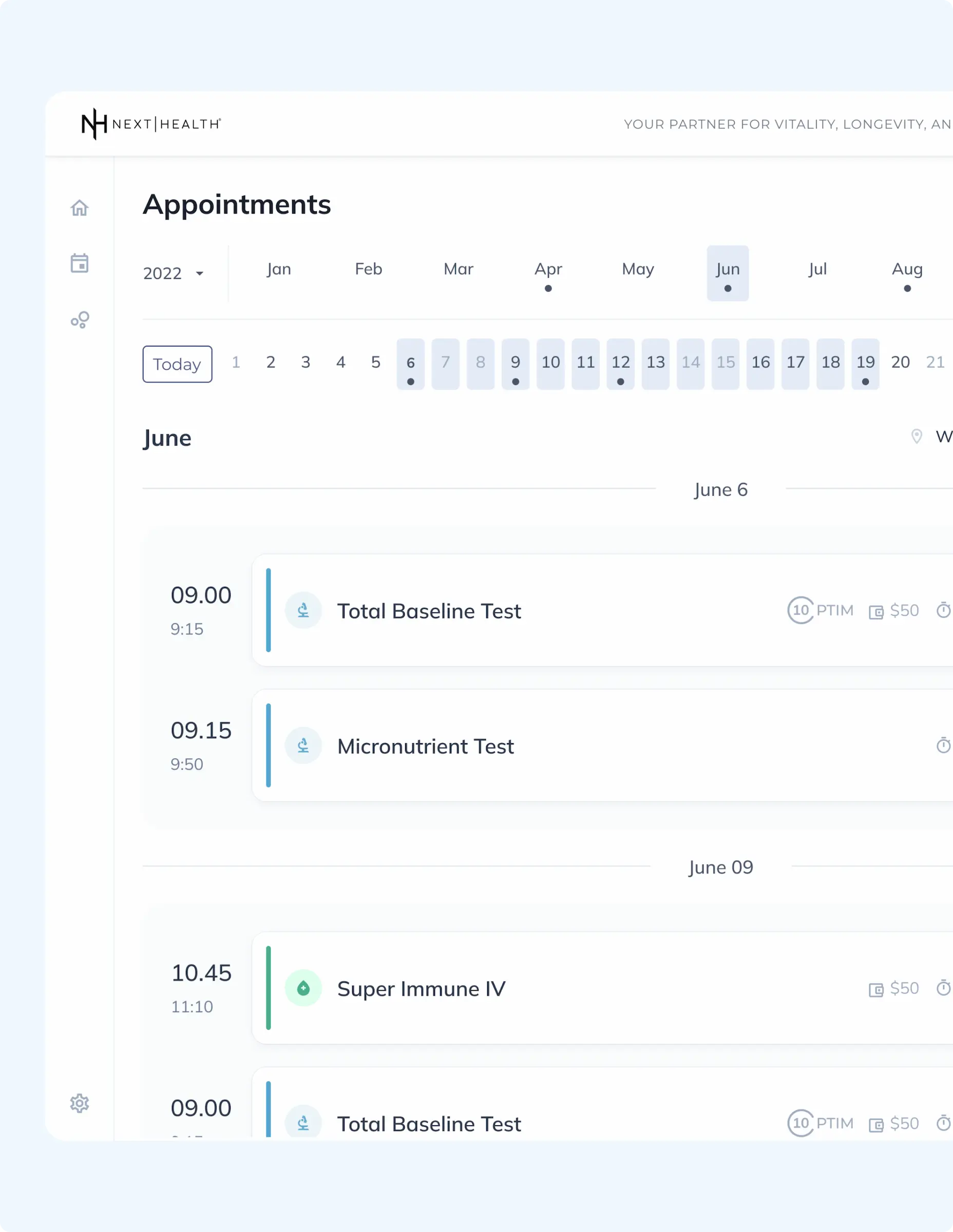 Patient app appointments calendar showing scheduled tests like Total Baseline Test, Micronutrient Test and Super Immune IV with clear timeline for wellness journey tracking.