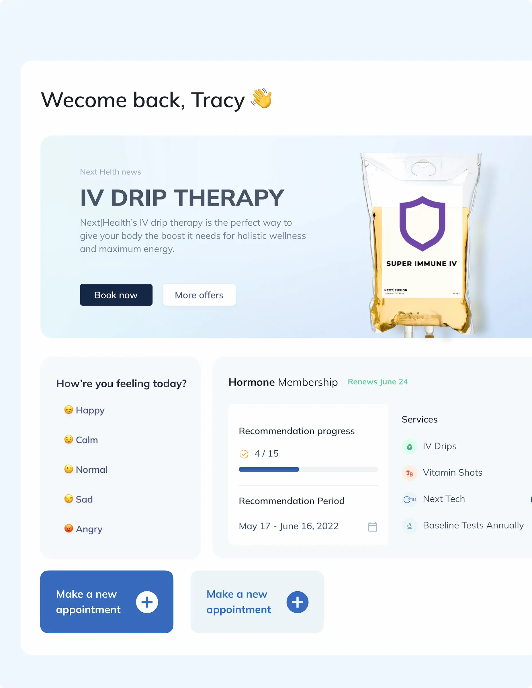 Patient dashboard homepage with IV drip therapy promotion, hormone membership progress tracker and mood check-in for personalized wellness journey management.