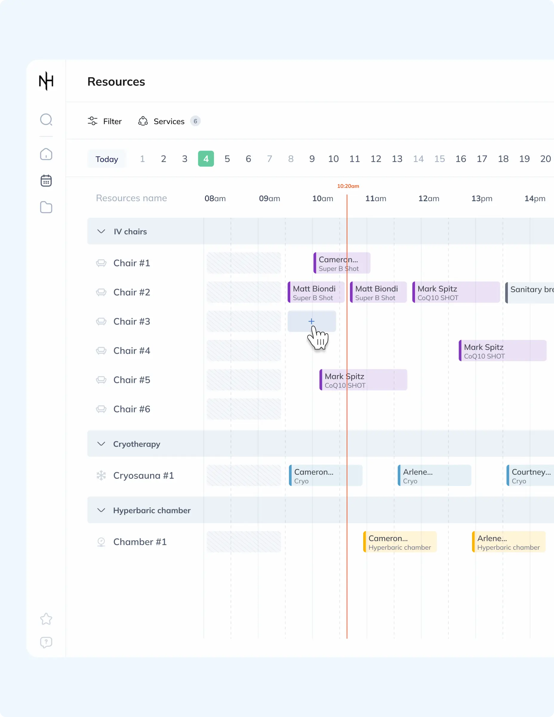 Dashboard resource scheduling interface for Next Health clinic, managing IV chairs and cryotherapy sessions with patient assignments to optimize staff workflow.