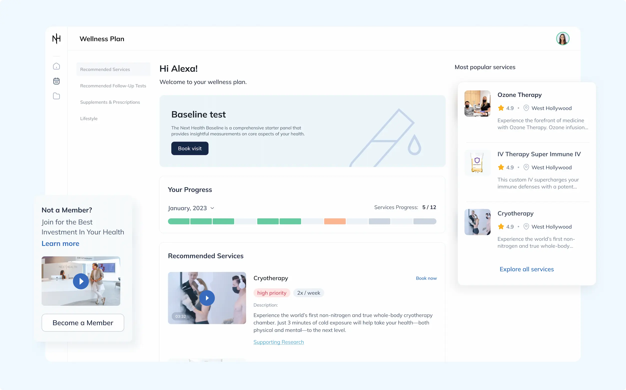Dashboard interface showing personalized health progress, recommended services like cryotherapy and ozone therapy, AI-driven recommendations for longevity clinic patients.