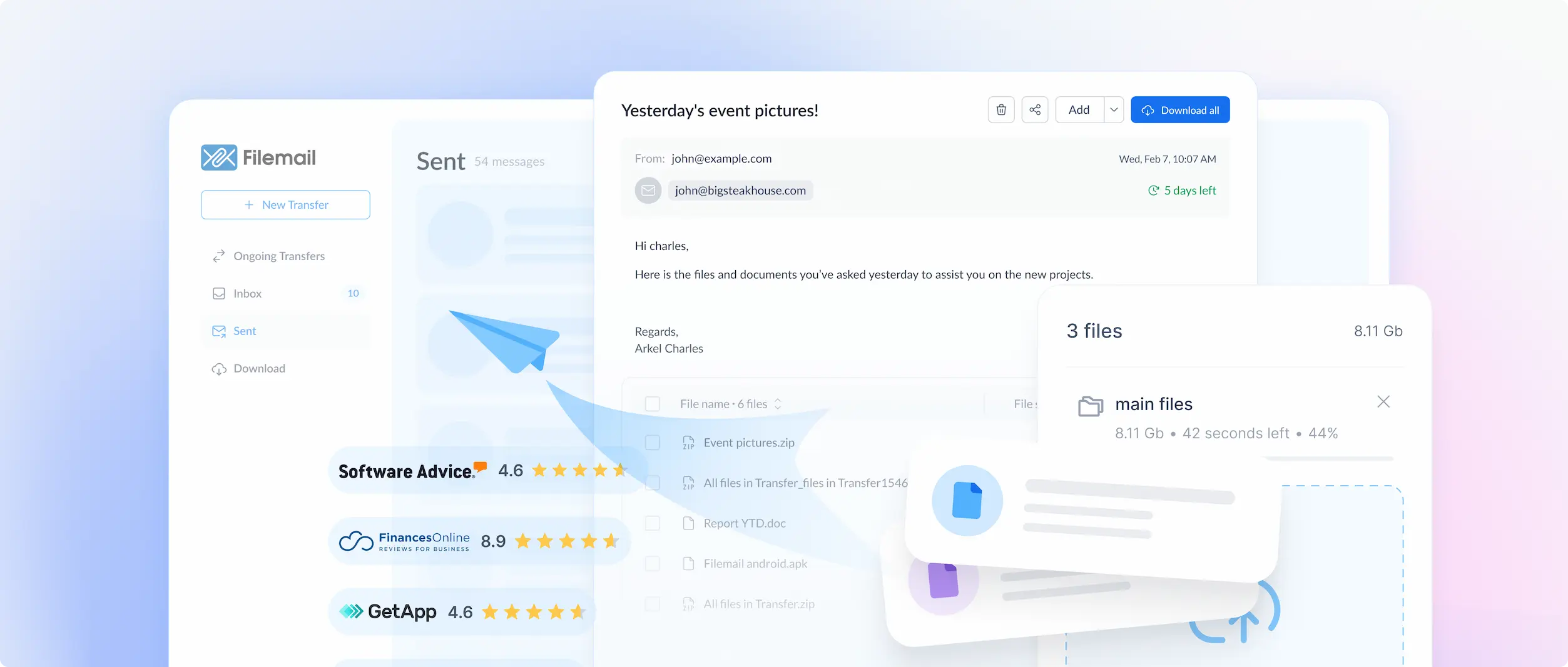 Filemail desktop interface showcasing multi-platform file transfer capabilities with Outlook plugin, iOS app integration, and secure E2EE transfers.