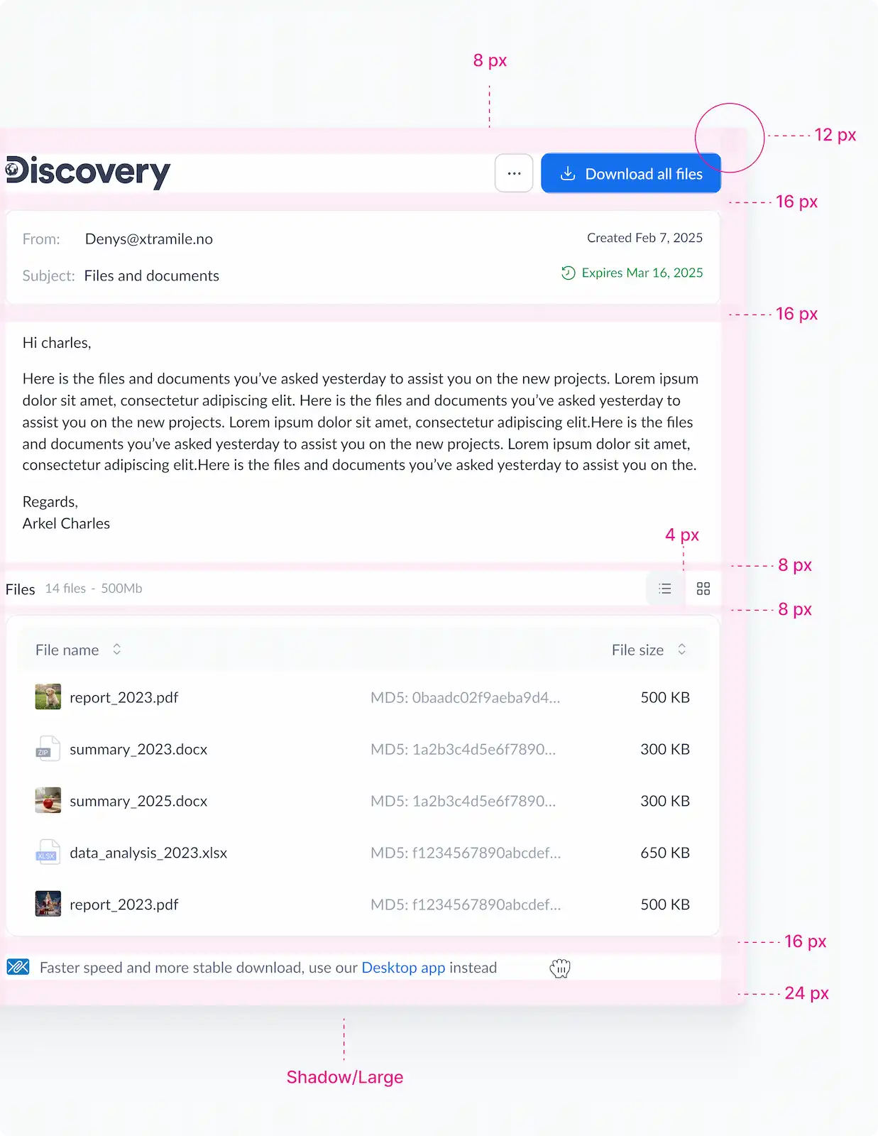 Filemail Discovery UI showing email-based file transfer with metadata, expiration dates and secure E2EE.