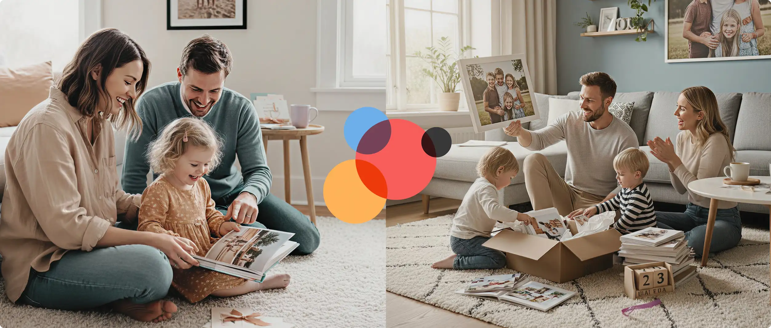 Optimalprint unified design system interface showing a family using the cross-platform photo printing ecosystem on web and mobile devices, featuring real-time preview of personalized products like books and calendars connected to Gelato's 30-country production network.