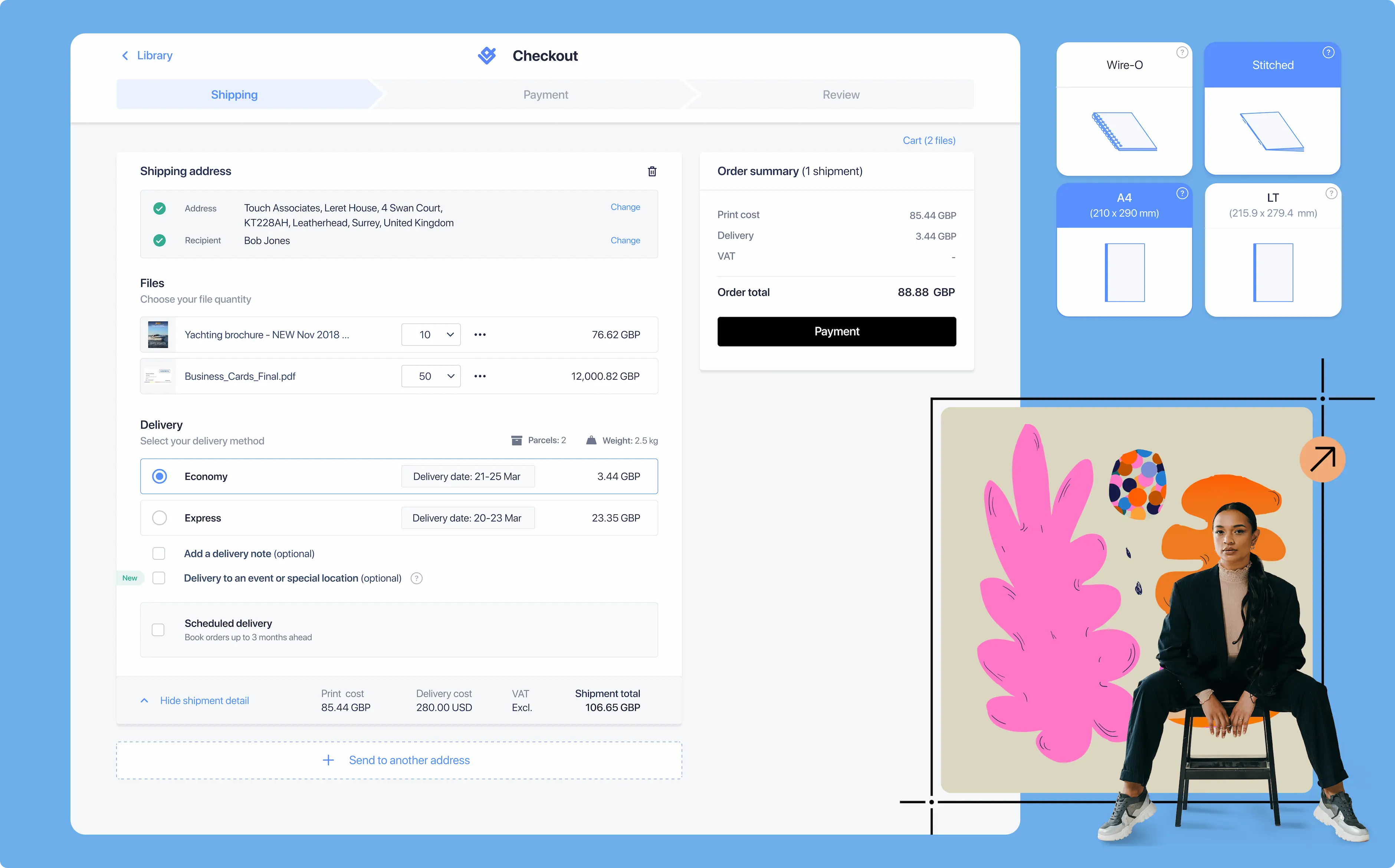 Checkout interface with unified design system, showing 3-step flow for shipping and payment. Real-time order summary displays print cost, delivery fees, VAT, and total price in GBP before one-tap purchase on mobile or web.
