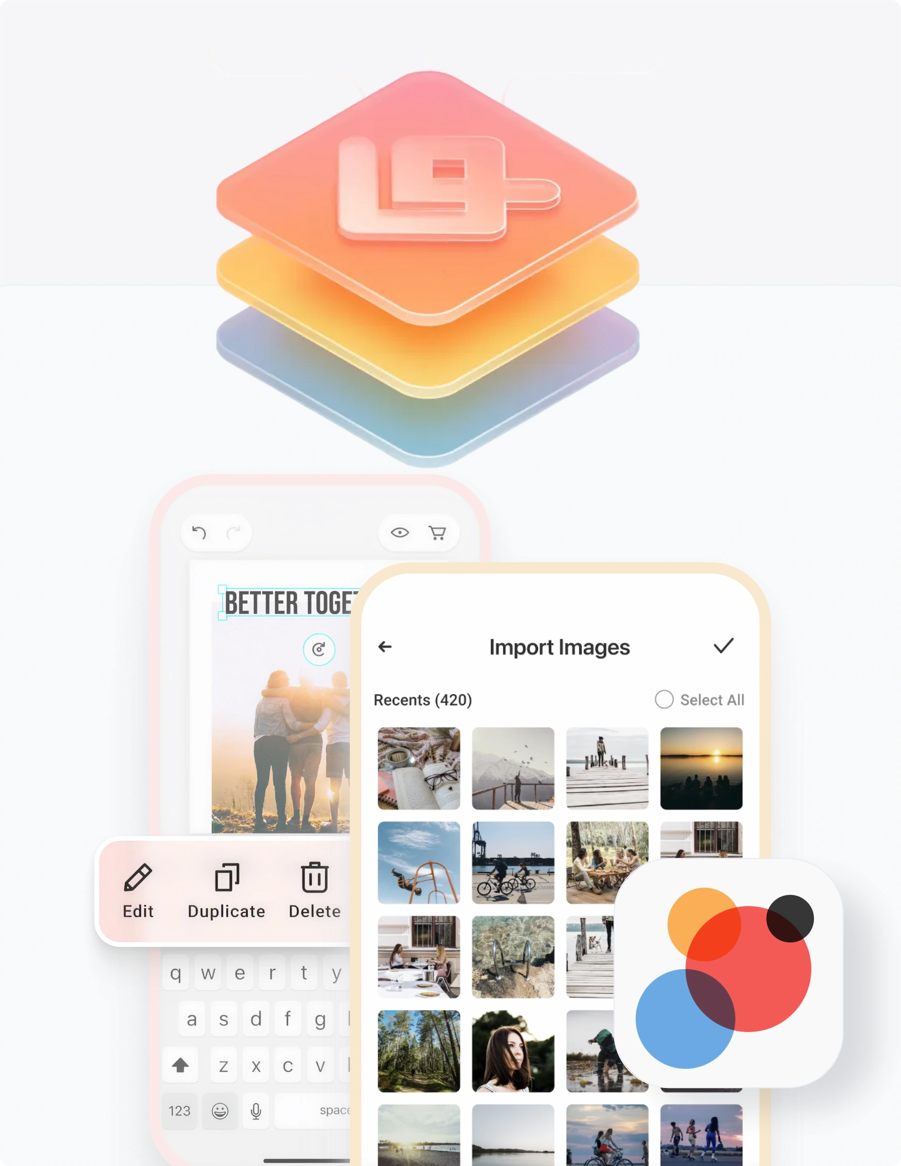Mobile app interface showing 'Import Images' gallery with recent photos, edit/duplicate/delete actions. Unified design system enables seamless photo upload from camera or library for personalized print products across iOS and Android.