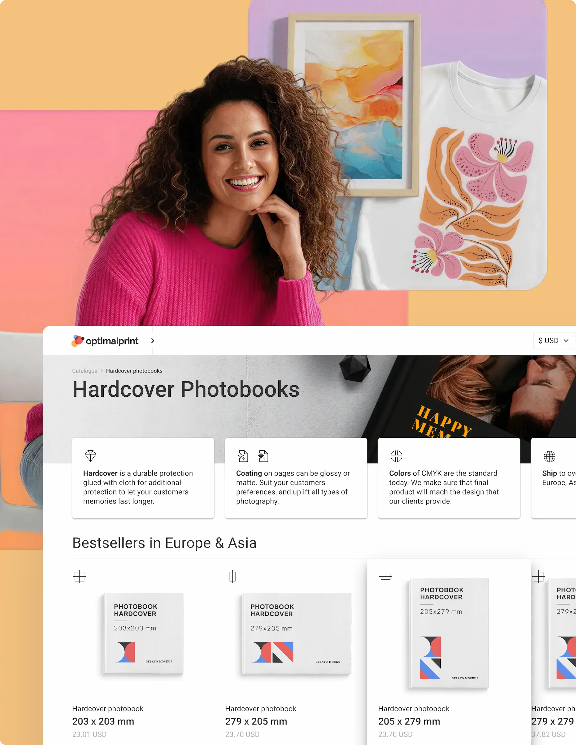 Catalogue showcasing hardcover photobooks with bestsellers in Europe & Asia. Features durable protection, glossy/matte coating options, CMYK color standards, and global shipping via Gelato Network across 30 countries.