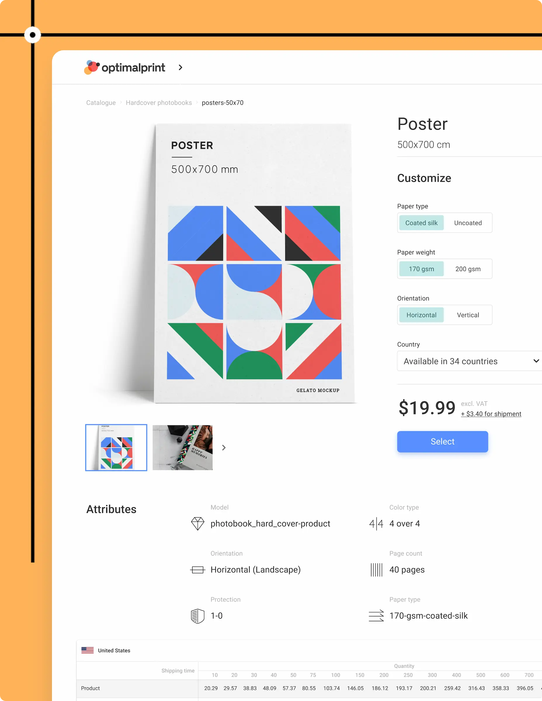 Web editor interface for customizing posters with real-time preview, paper type selection (coated silk), orientation options, and country availability.