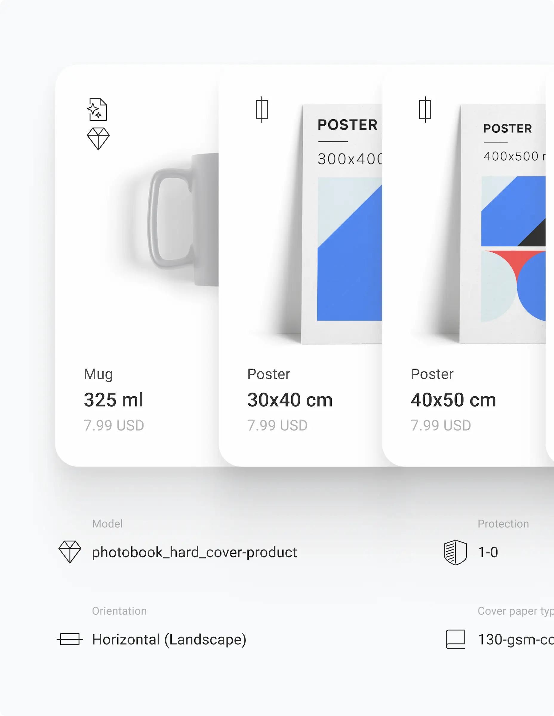 Product selection interface displaying mug, poster variants with dimensions and pricing. Unified design system enables one-tap variant switching for size, paper type across web + mobile platforms in Gelato Network.