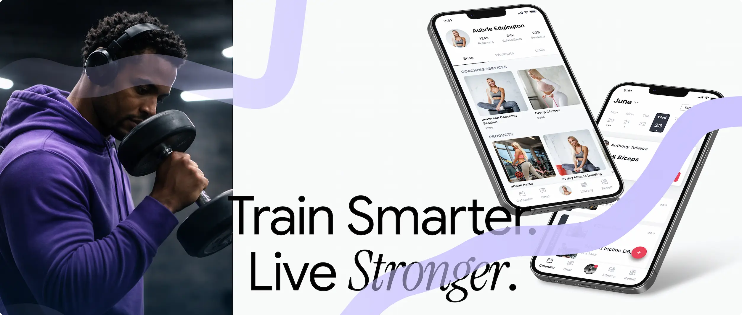 Limitless fitness app interface showing a man lifting dumbbells with headphones, displaying "Train Smarter Live Stronger" text and mobile screens featuring coaching services and workout schedules.
