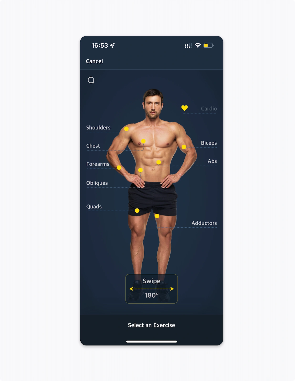 Body mapping interface in the Limitless app, allowing users to select muscle groups like shoulders, chest, abs, and quads for targeted workout routines.