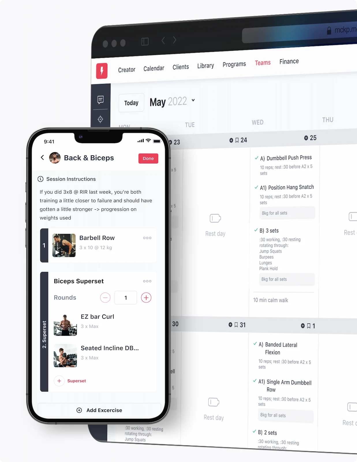 Workout planner interface on mobile and desktop showing a 'Back & Biceps' session with exercises like Barbell Row, EZ bar Curl, and Seated Incline DB press within the Limitless fitness app.