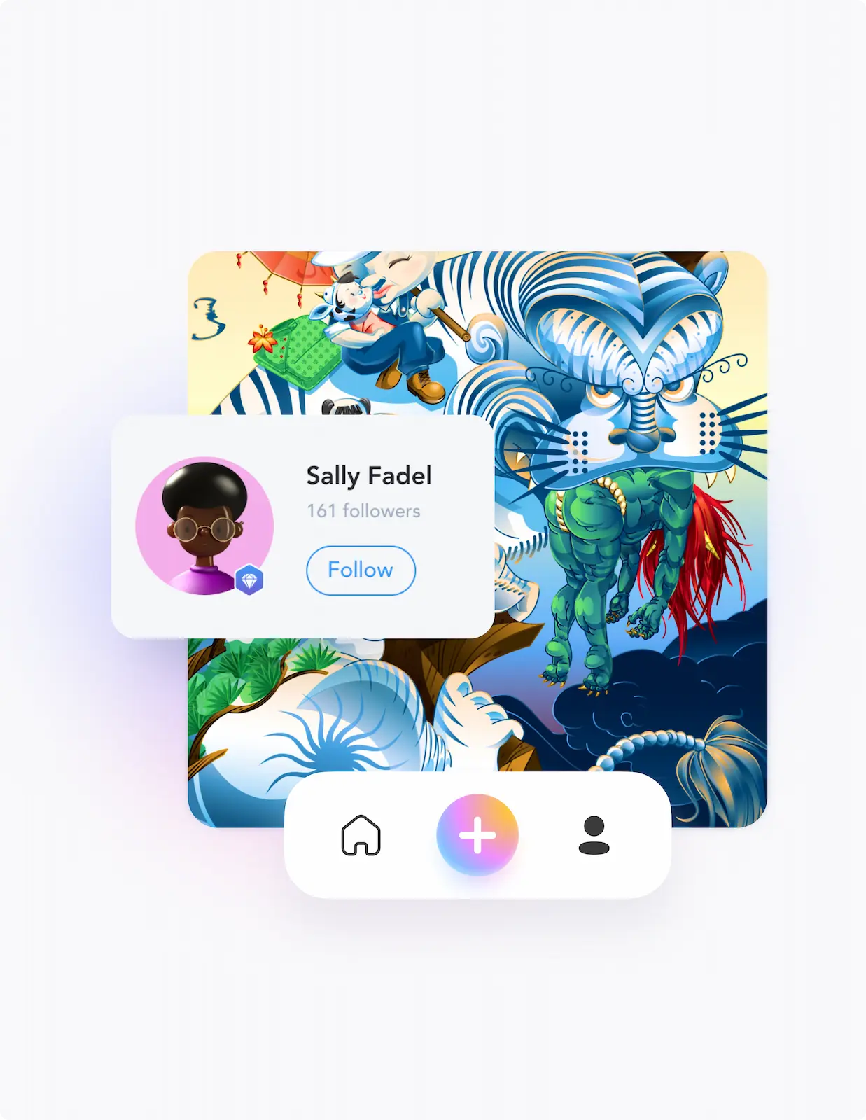 NFT profile card for 'Sally Fadel' with 161 followers, overlaid on a vibrant digital art piece featuring stylized creatures and fantasy elements.