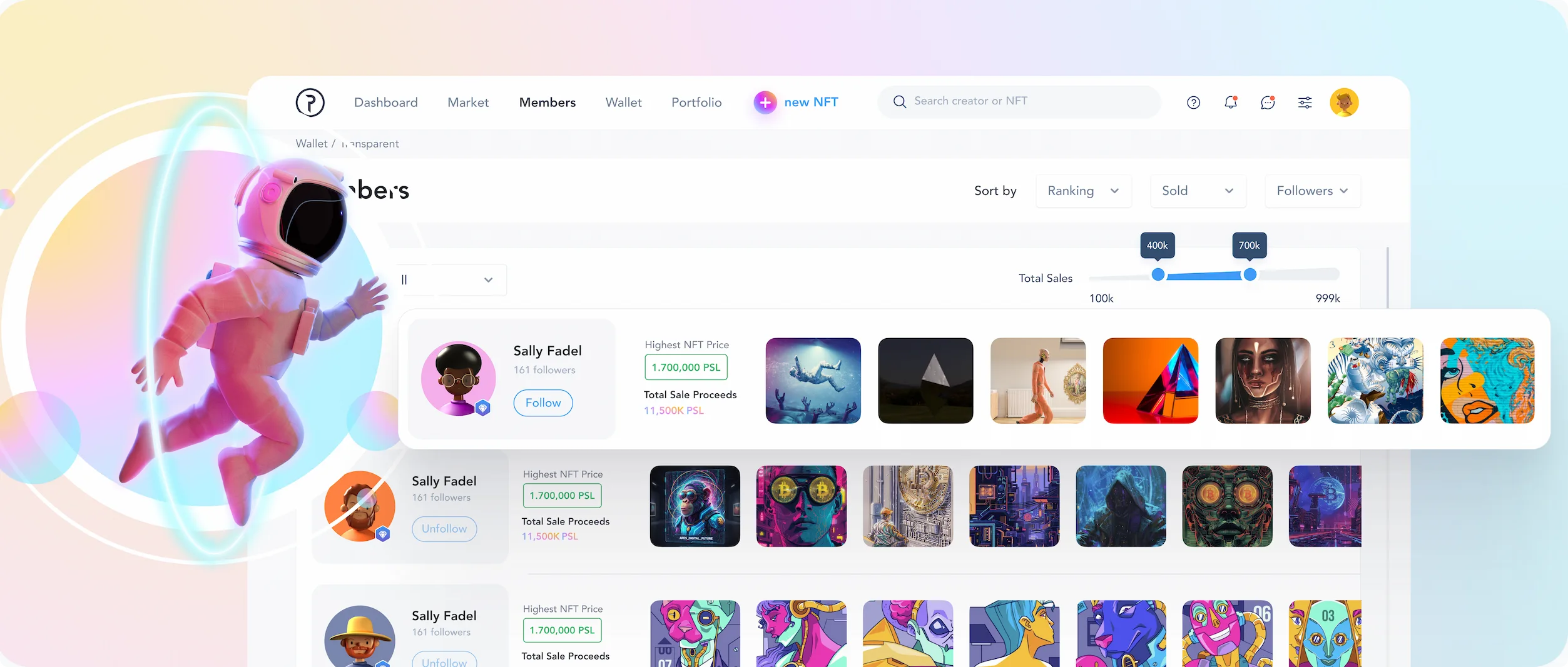 Lumera NFT marketplace interface showcasing a unified Web3 ecosystem with an astronaut-themed 3D visual identity, displaying member profiles and digital collectibles on the blockchain platform.
