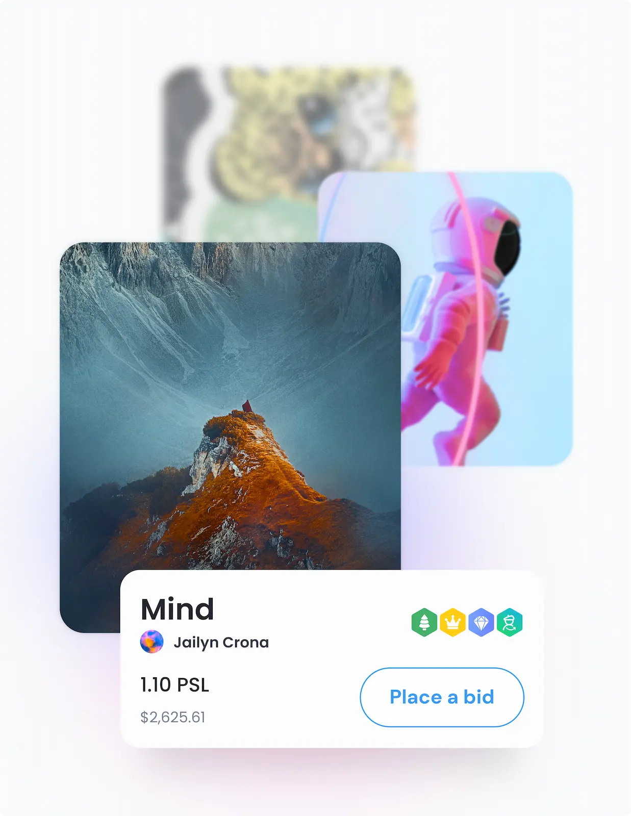 NFT bid card for 'Mind' by Jailyn Crona, displaying price in PSL and USD with a Place a bid button on the Web3 marketplace.