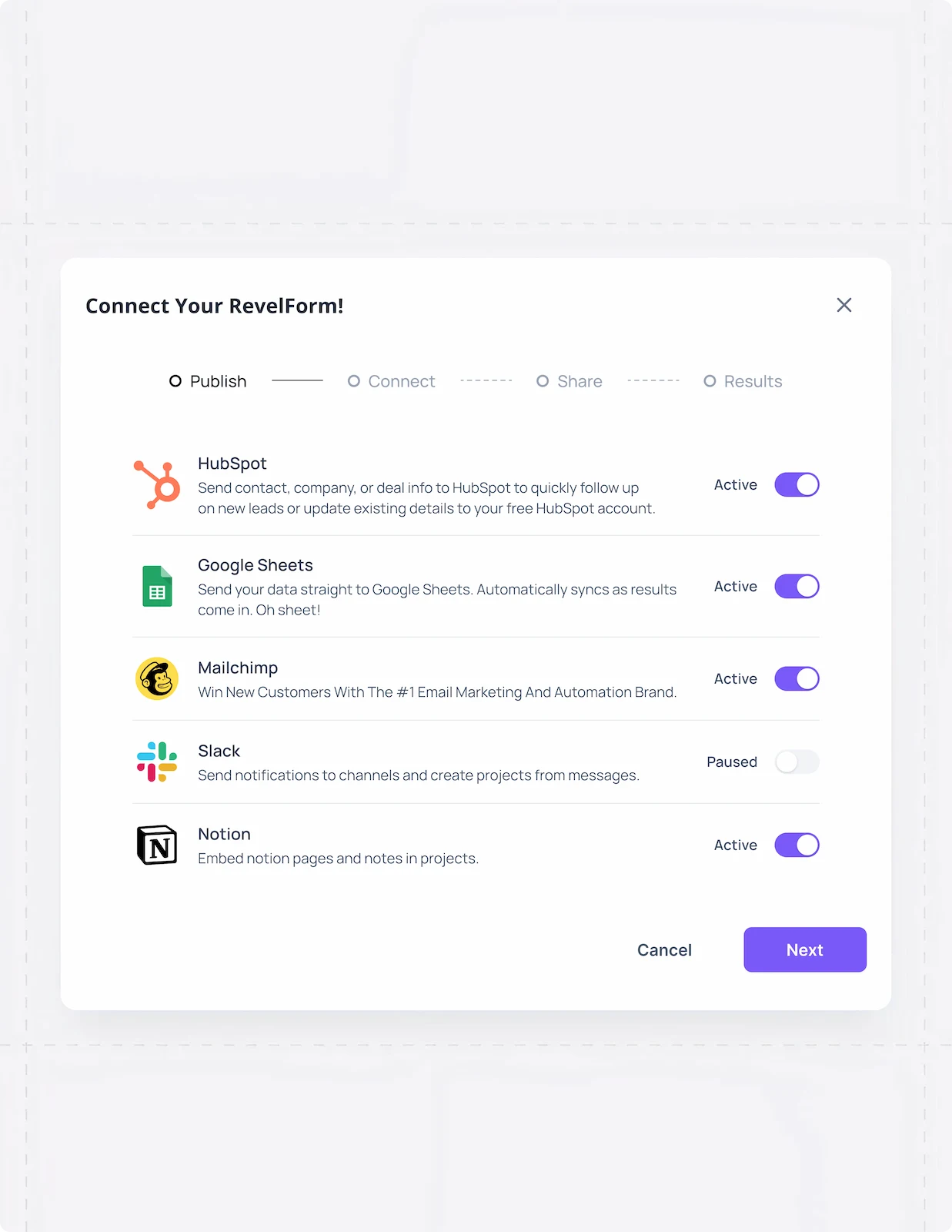 Integration panel showing active connections to HubSpot, Google Sheets, Mailchimp, Slack and Notion for automated lead data sync.
