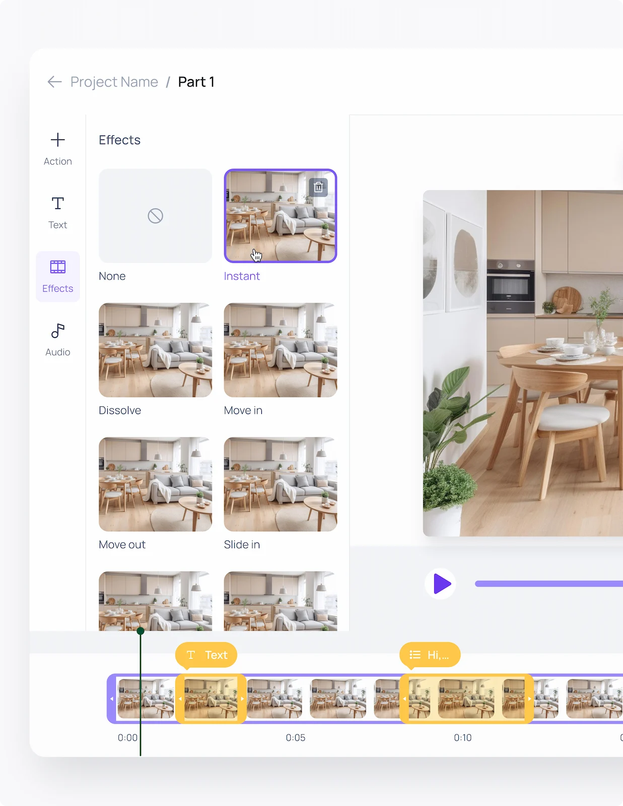 Video editor interface with effects library (Instant, Dissolve, Move in/out) and timeline for creating dynamic B2B lead capture videos.