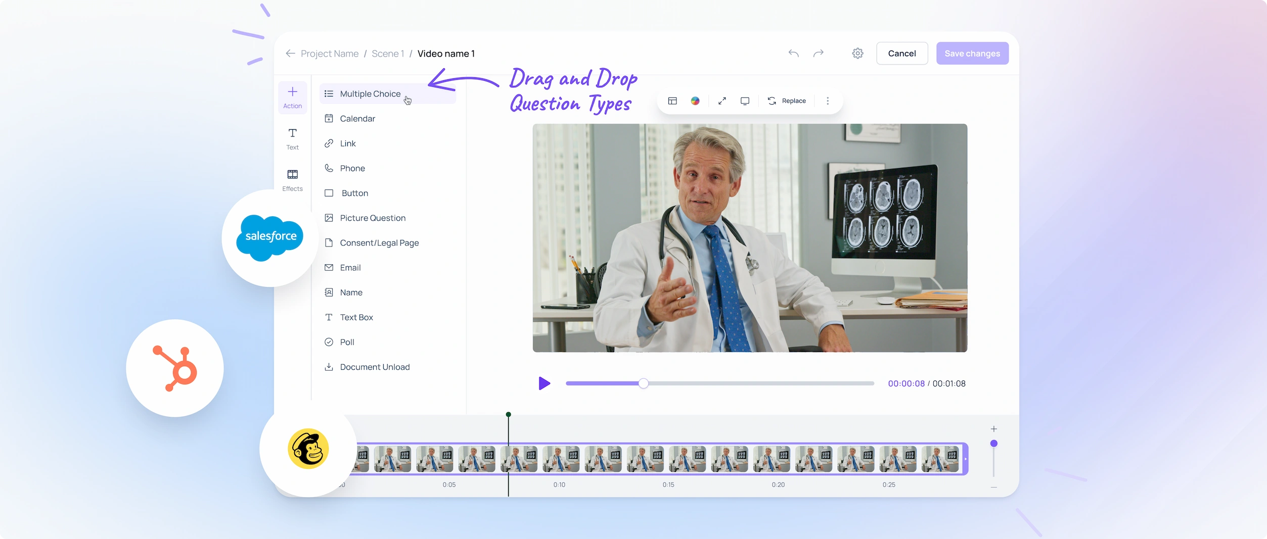 RevelForms editor screenshot showing drag-and-drop question types in a component-driven design system with live video preview and timeline for B2B lead capture workflows.