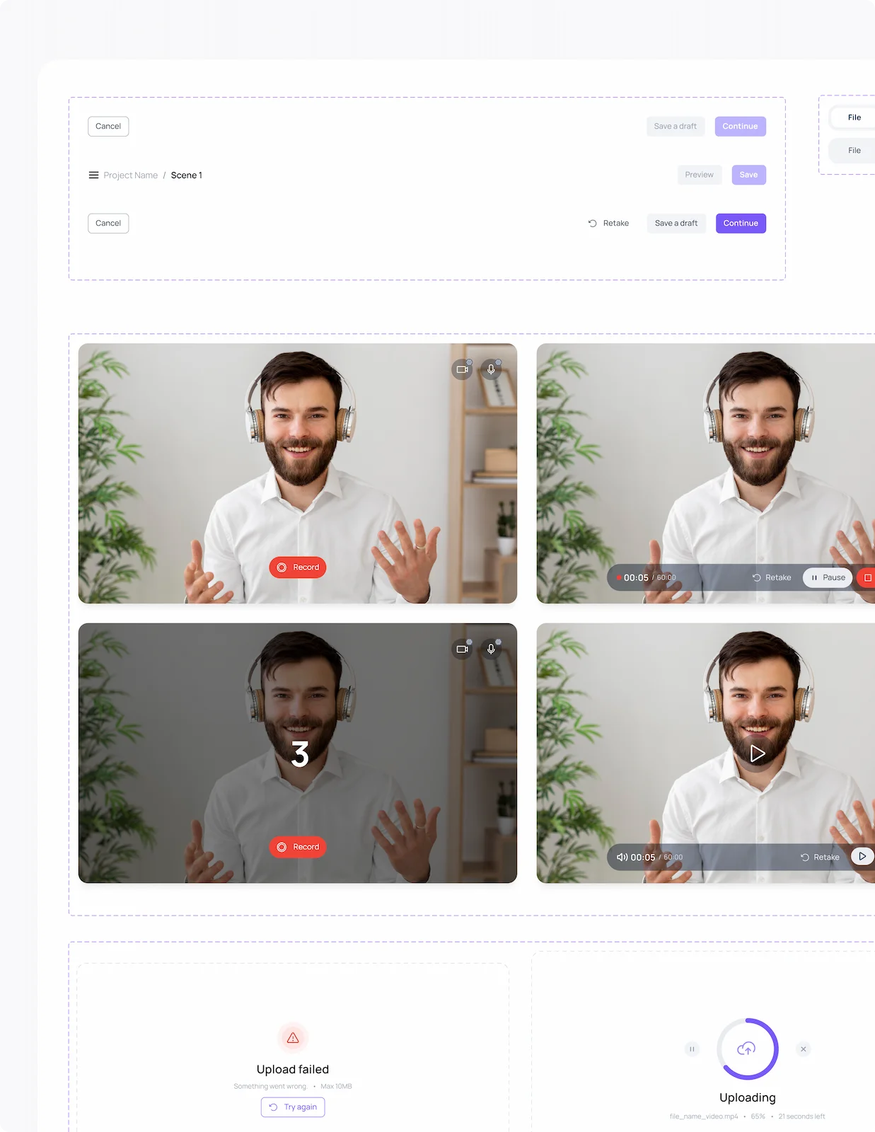 Video recording interface showing multi-view capture with record, pause and upload states for creating personalized B2B lead greeting videos.