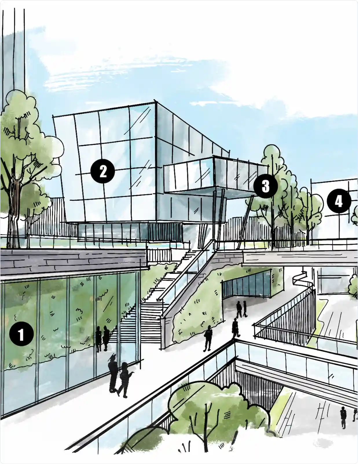 Architectural illustration of a modern building featuring Thompson Glass solutions, including facade panels and structural glass elements.