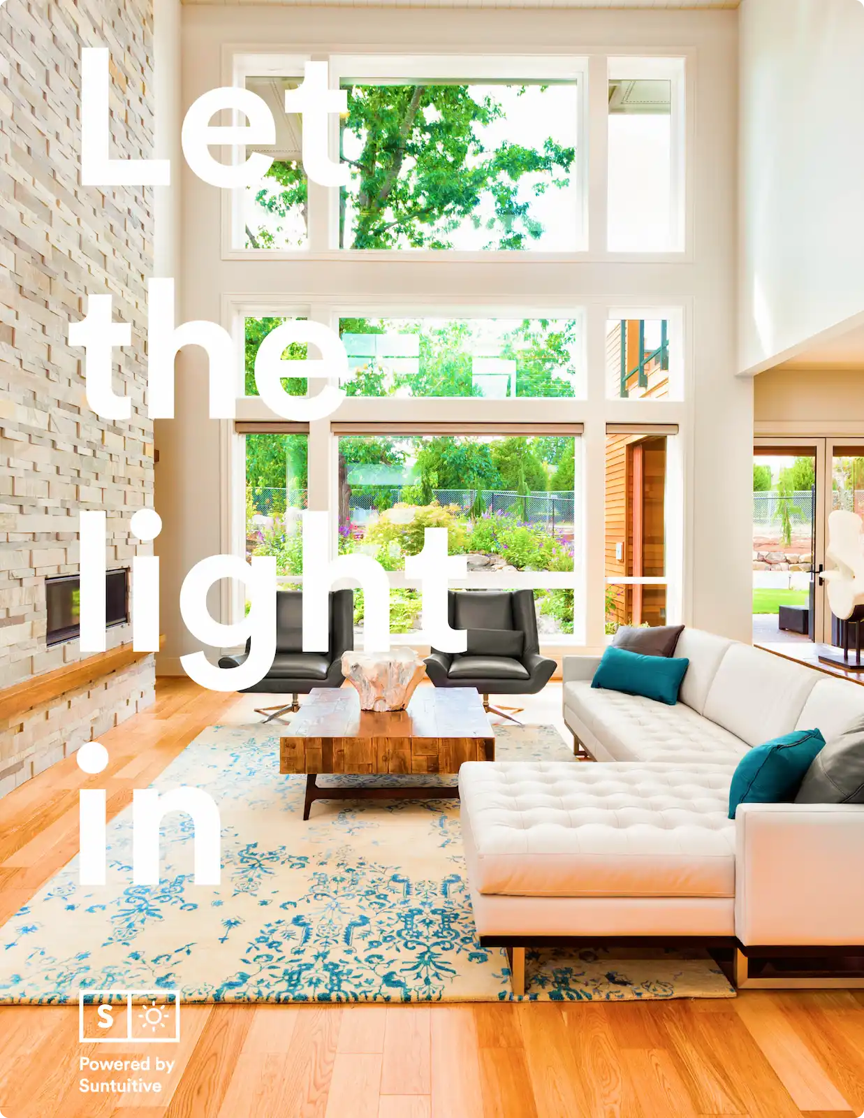 Modern living room with energy-efficient windows, letting natural light in while maintaining privacy and reducing heat gain.