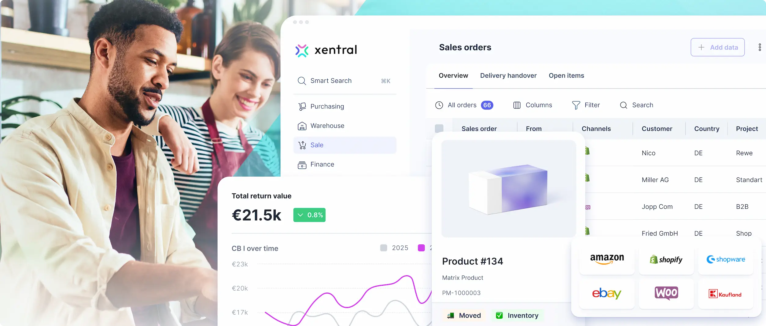 Xentral AI-powered ERP dashboard showing sales orders overview with multi-channel feed management (Amazon, Shopify, eBay) and inventory tracking for commerce operations automation.
