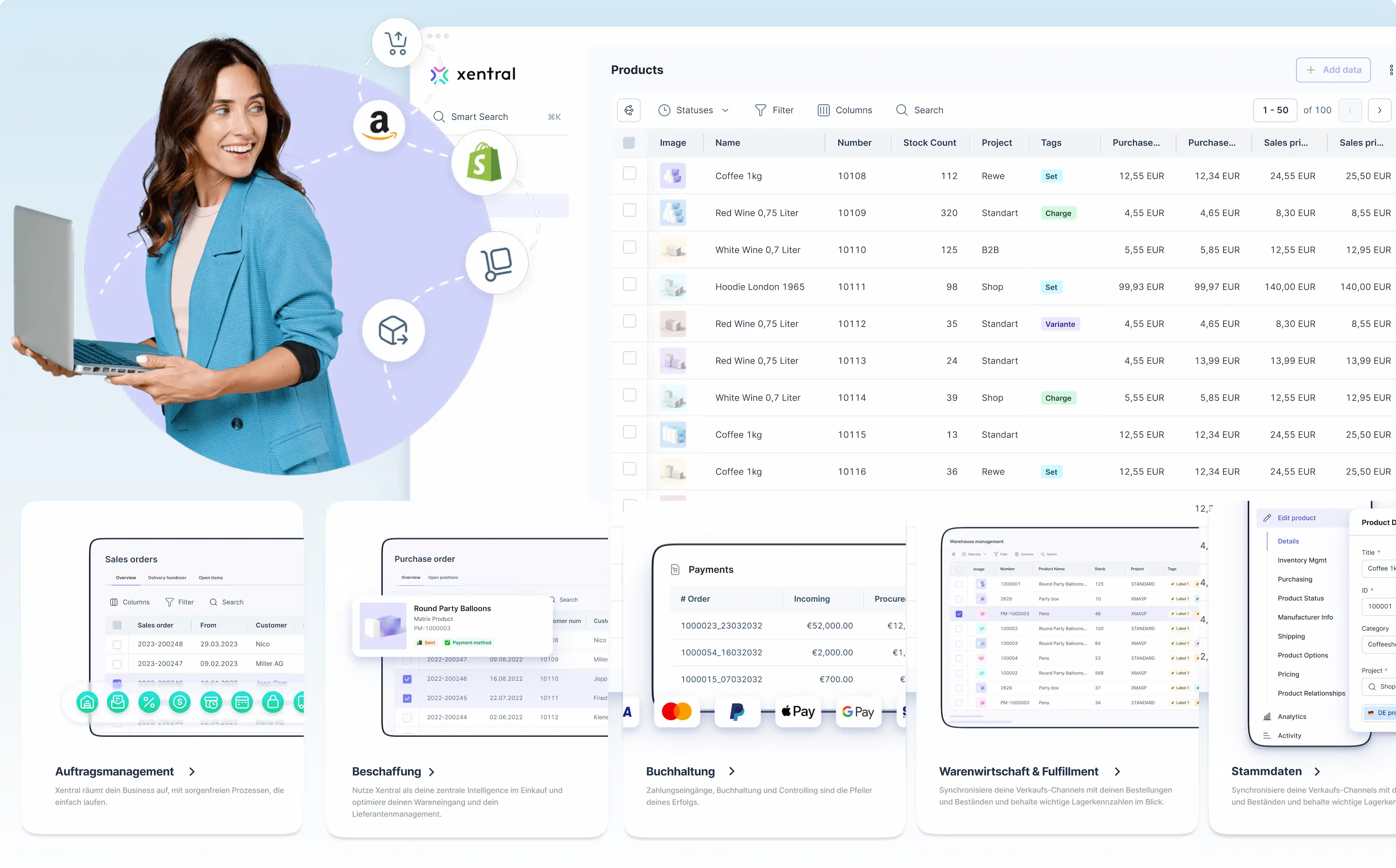 ERP product management interface displaying inventory, stock counts, and multi-channel sales data for commerce operations.