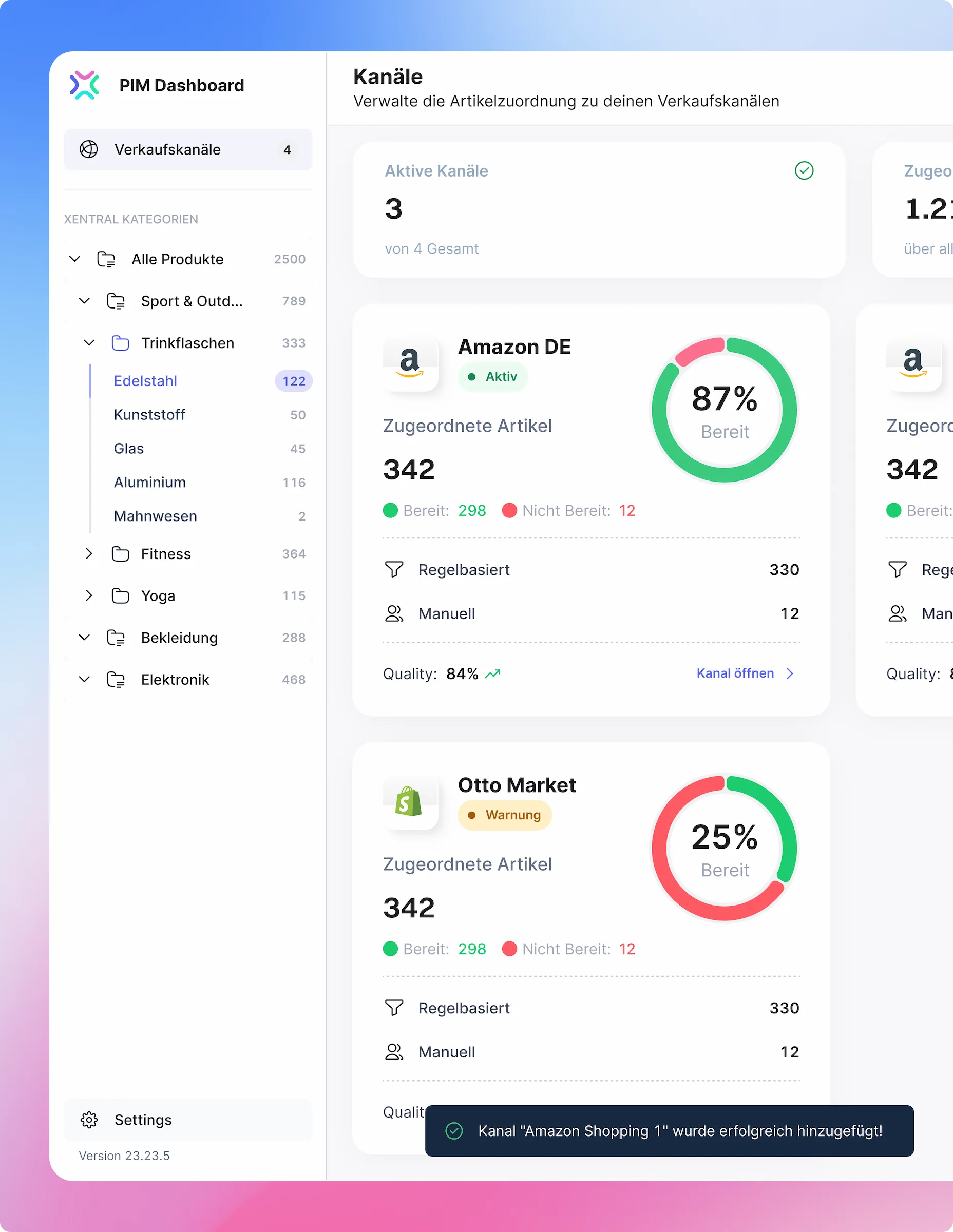 PIM Dashboard showing multi-channel product feed management with Amazon DE and Otto Market channel status for commerce operations.