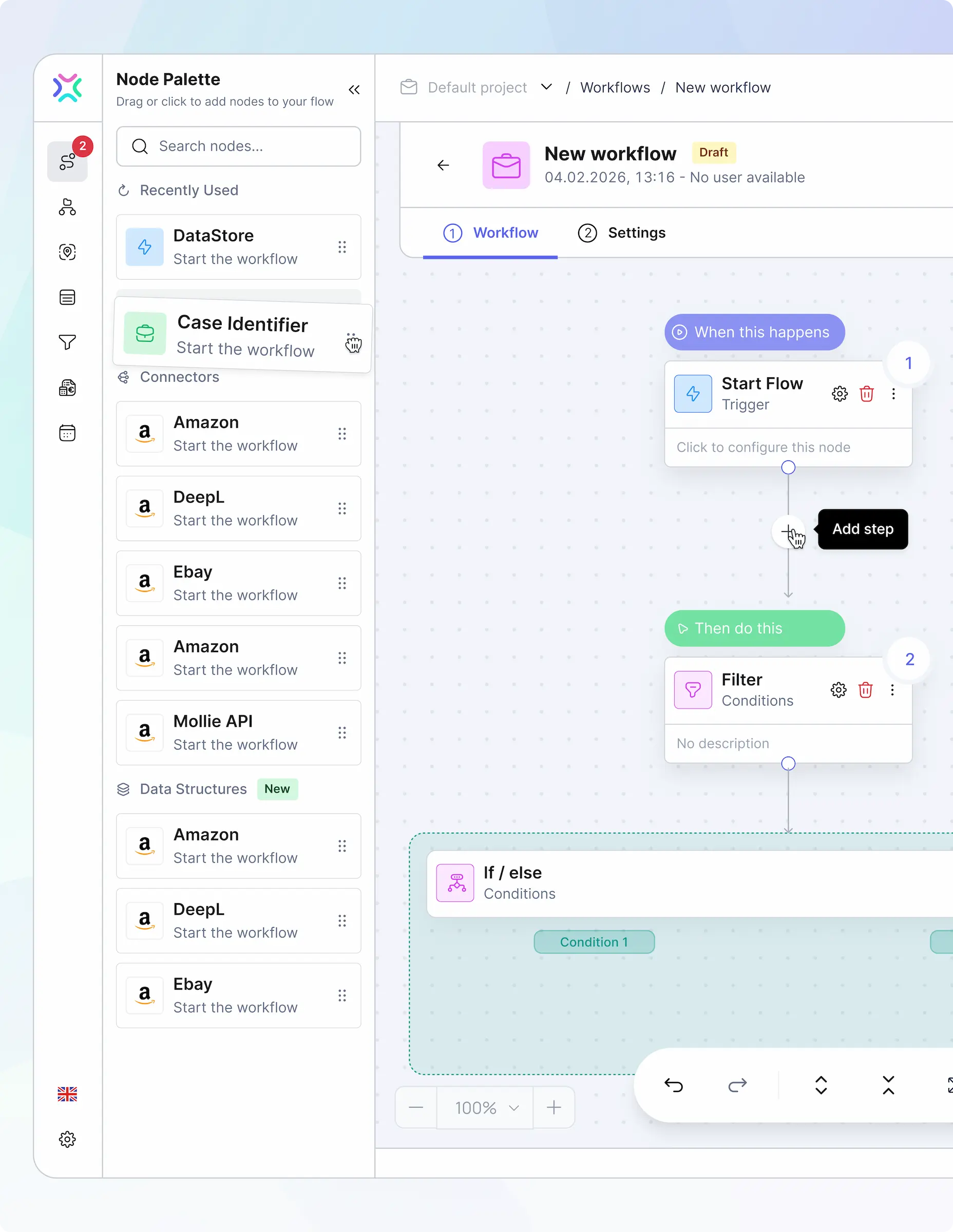 Flows Editor drag-and-drop AI workflow builder with Amazon, eBay triggers and filter nodes for no-code commerce automation.