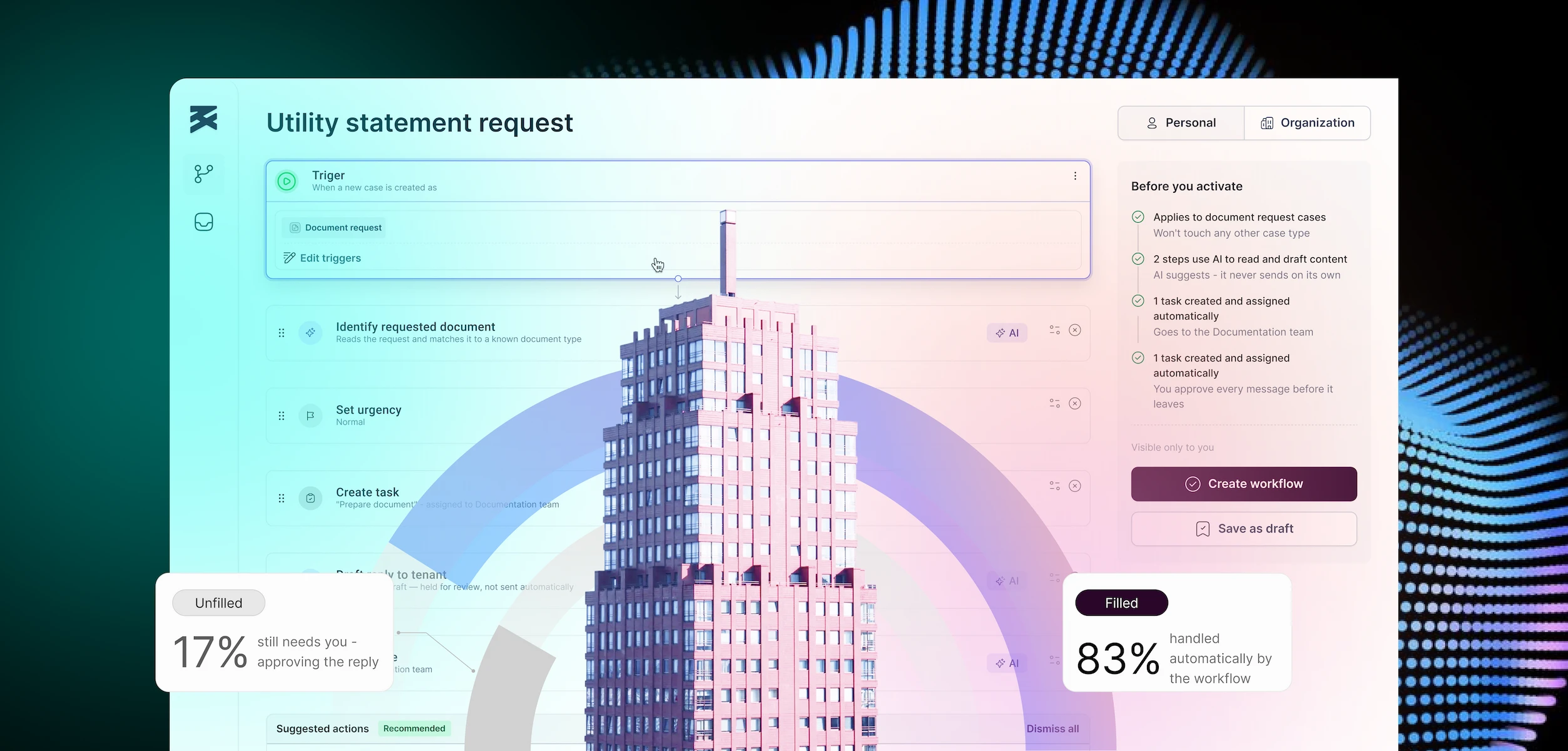 UI showcasing an AI workflow where a 'Utility statement request' case auto-generates a task: read document → create assignment → draft reply for approval, highlighting visibility and human oversight features to build trust in enterprise automation systems.