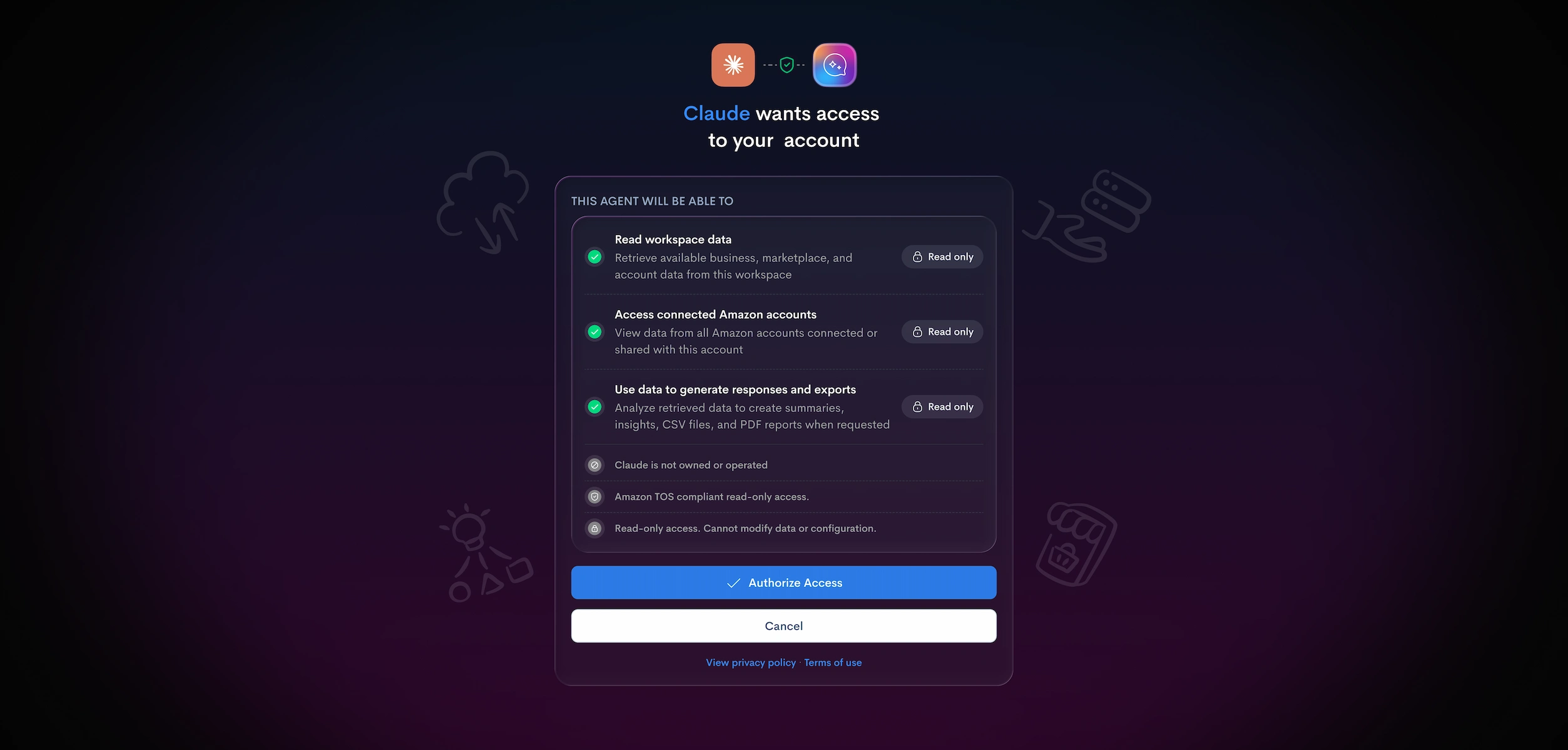 UI showing a permission dialog for Claude to access workspace data, illustrating the 'approval gates' and 'Read only' transparency pattern in Enterprise AI UX patterns to ensure user trust before granting automation capabilities.