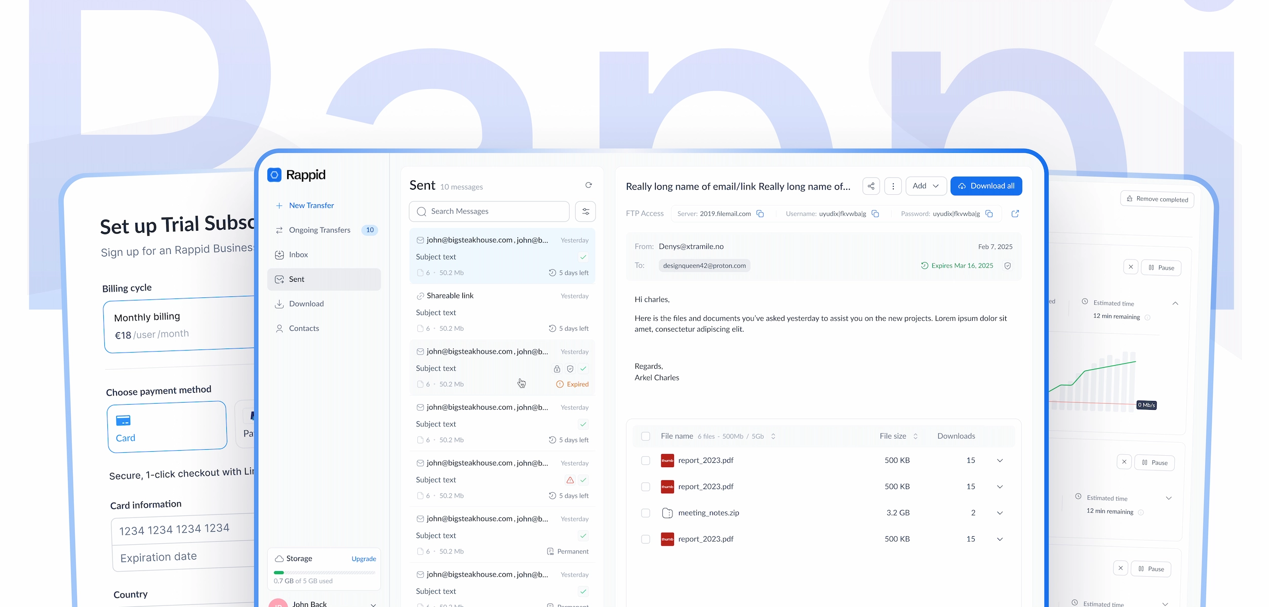 Rappidi SaaS application interface showcasing a unified design system across payment setup, email inbox, and file transfer screens. The image demonstrates how consistent UI components directly contribute to measurable business outcomes such as increased trial-to-paid conversion rates and overall product shipping velocity.