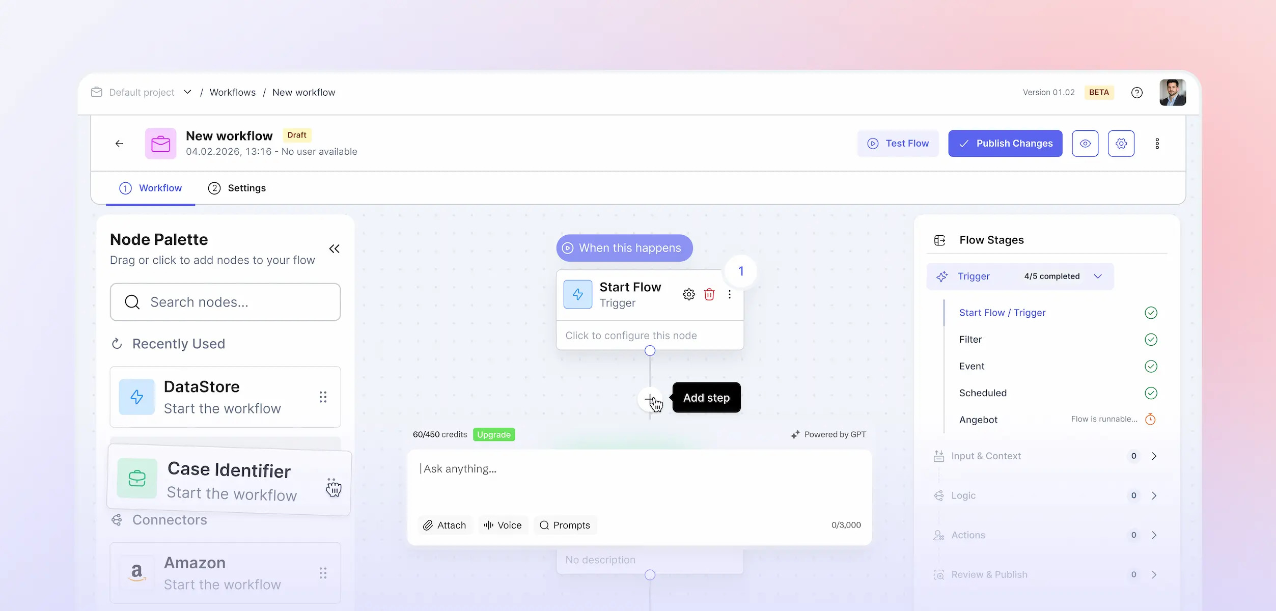 Agentic UX design in action: AI workflow builder visualizes the 'propose-confirm' principle with transparent human-in-the-loop nodes for safe automation decisions.
