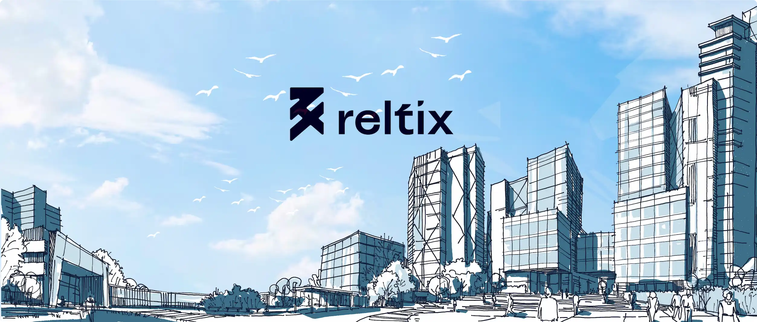 Reltix property management platform hero image featuring a stylized architectural sketch of modern city buildings under a blue sky with birds, displaying the Reltix logo and showcasing AI-powered workflow automation for non-technical users to build trusted automated processes in PropTech.