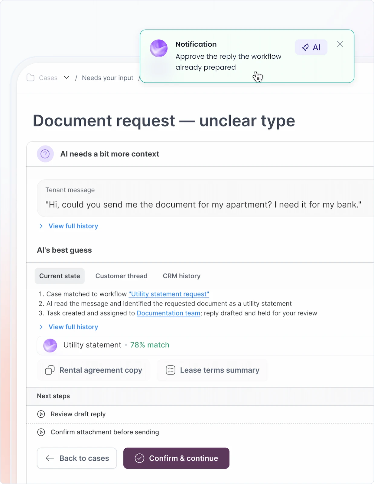 AI uncertainty state interface showing a document request with unclear type, AI's best guess confidence percentage and alternative suggestions held for human approval before execution.