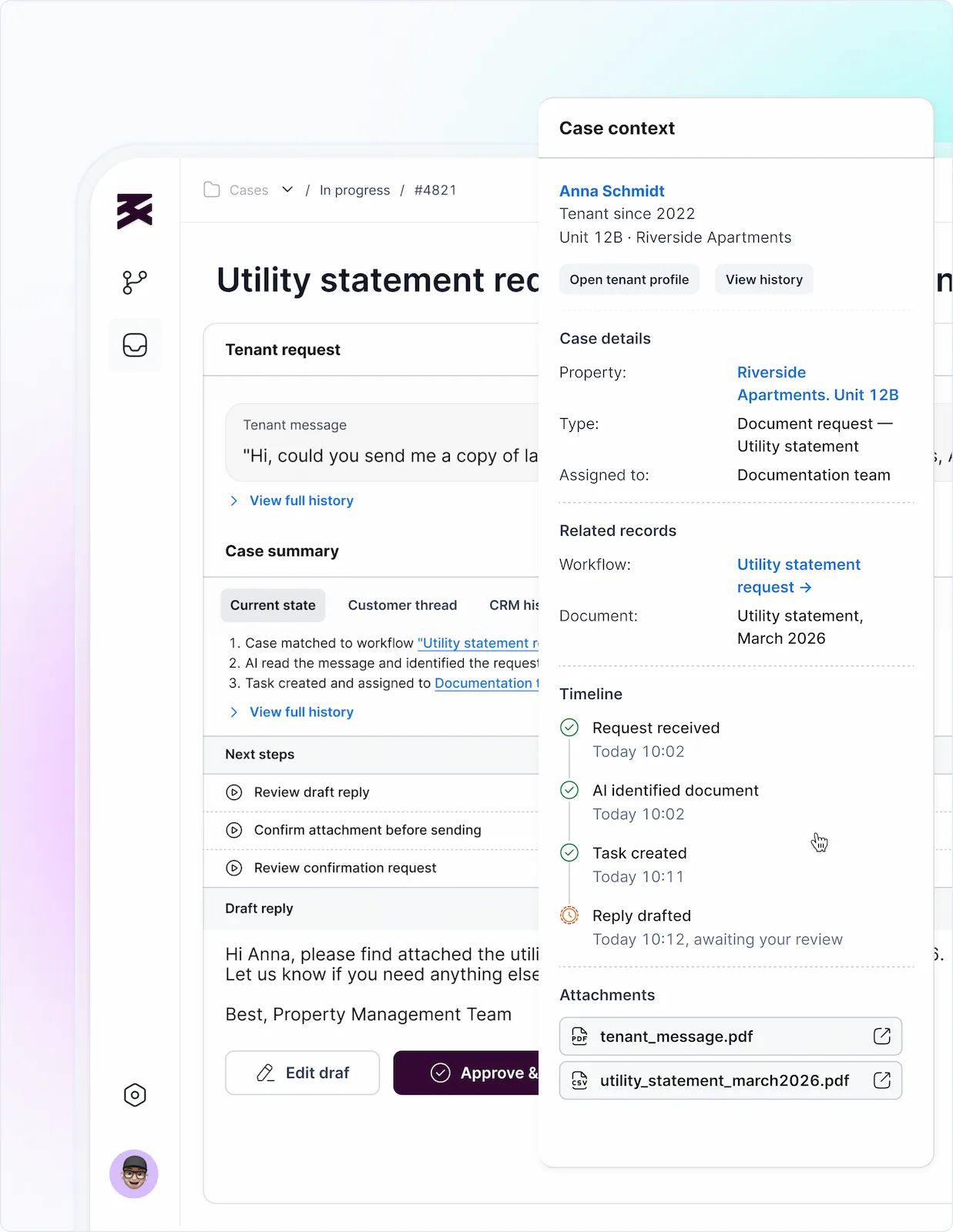 Property management case view showing a tenant request, AI-assisted workflow steps in the timeline, and an approval gate for drafted replies before sending to tenants.