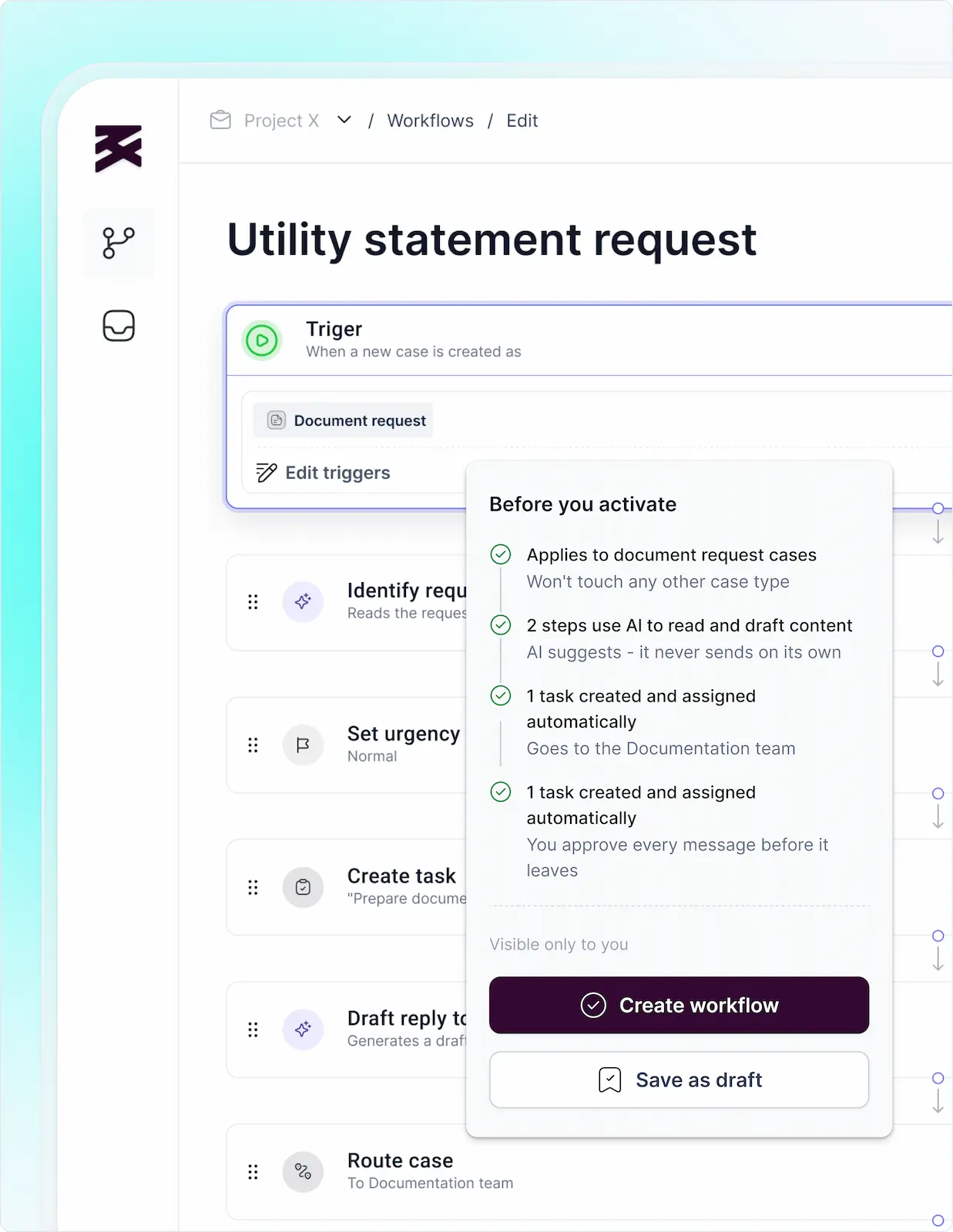 Workflow builder interface showing a linear step list for automating document requests, with AI steps highlighted and an activation summary explaining what will happen before the user confirms.