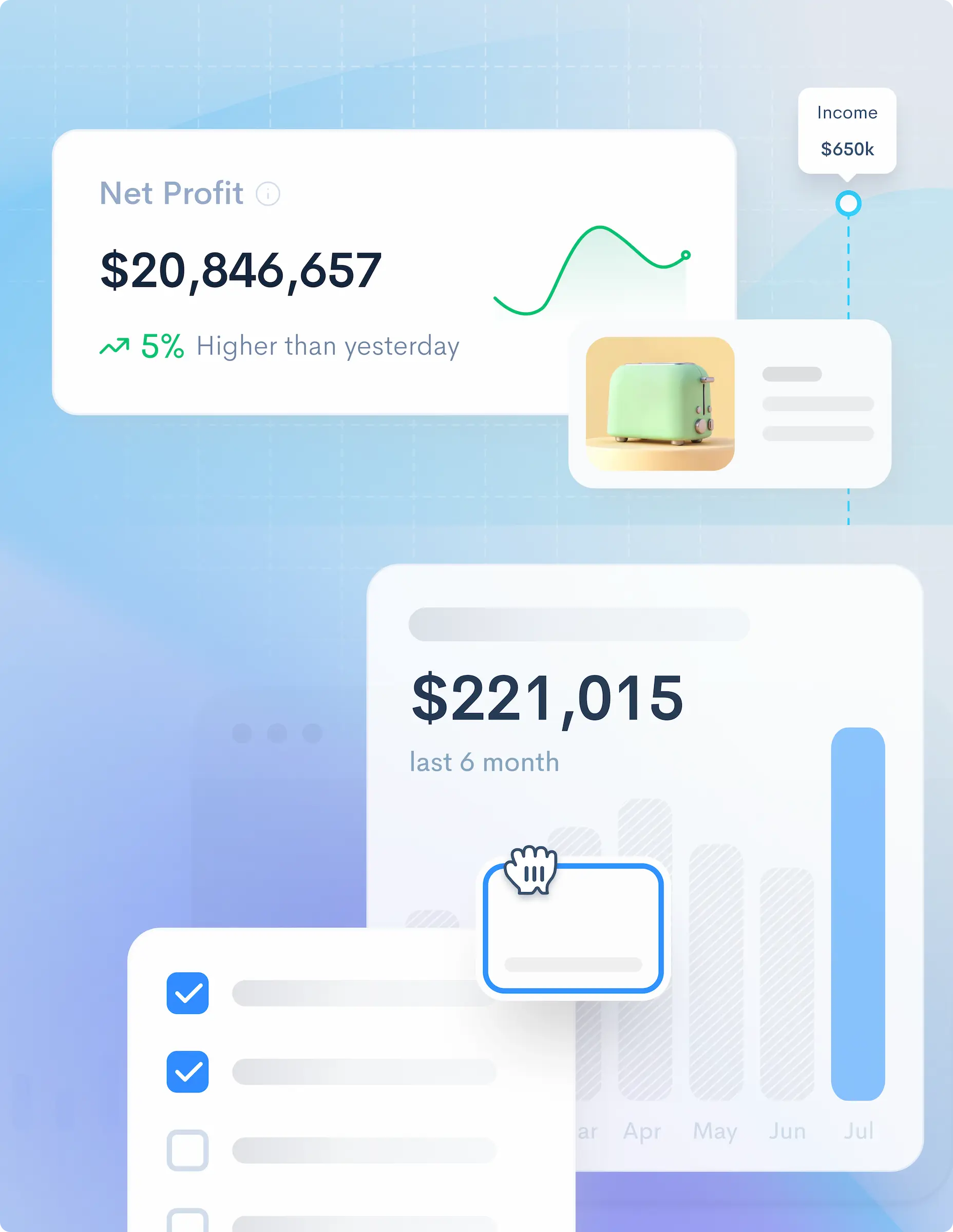 E-commerce analytics dashboard displaying net profit of $20,846,657 and 6-month revenue of $221,015 with toaster product card. Income metric shows $650k growth trend.