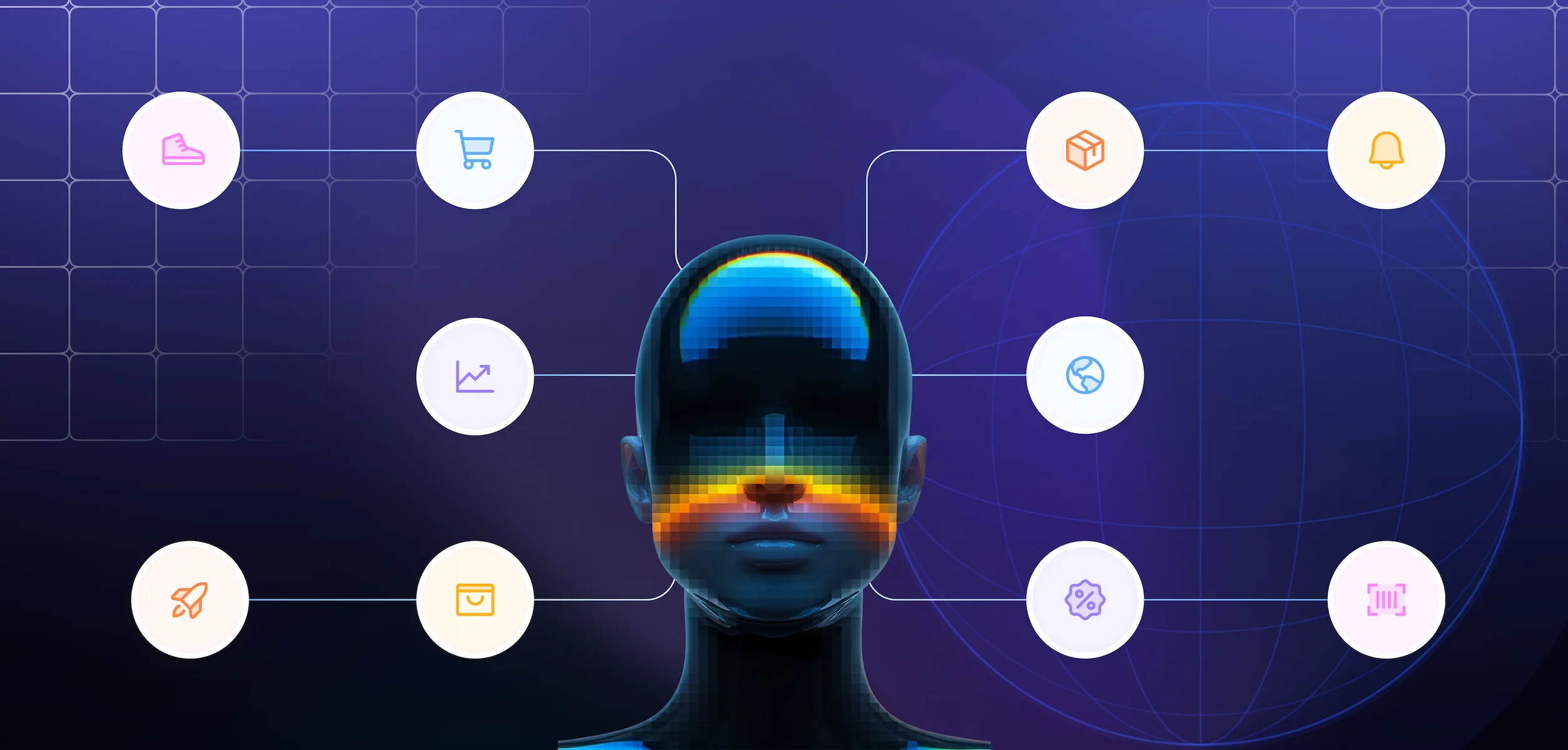 Lead Product Designer shaping complex AI enterprise systems, visualized by a human avatar connected to icons representing B2B workflows like analytics dashboards and automated decision processes. Illustrates the modern shift from simple UI execution to strategic systems thinking required for high-stakes domains such as ERP platforms and financial tools where design defines product behavior across teams rather than just screens.